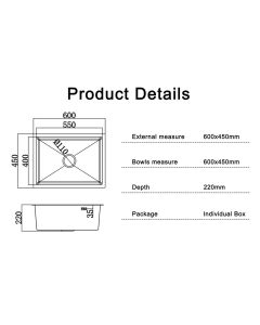 حوض مطبخ ستانلس ستيل 60×45