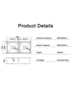حوض مطبخ ستانلس ستيل 90×45 - أسود